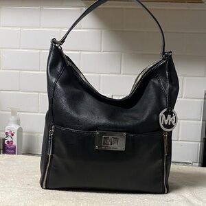 Michael Kors Black Leather Hobo Bag with Silver Accents